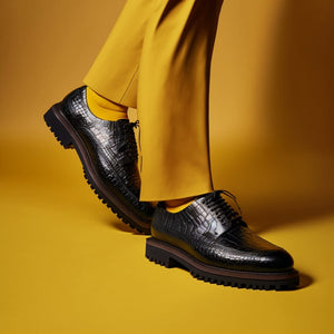 Black Crocodile Print Leather Colby Chunky Derby Shoes 
