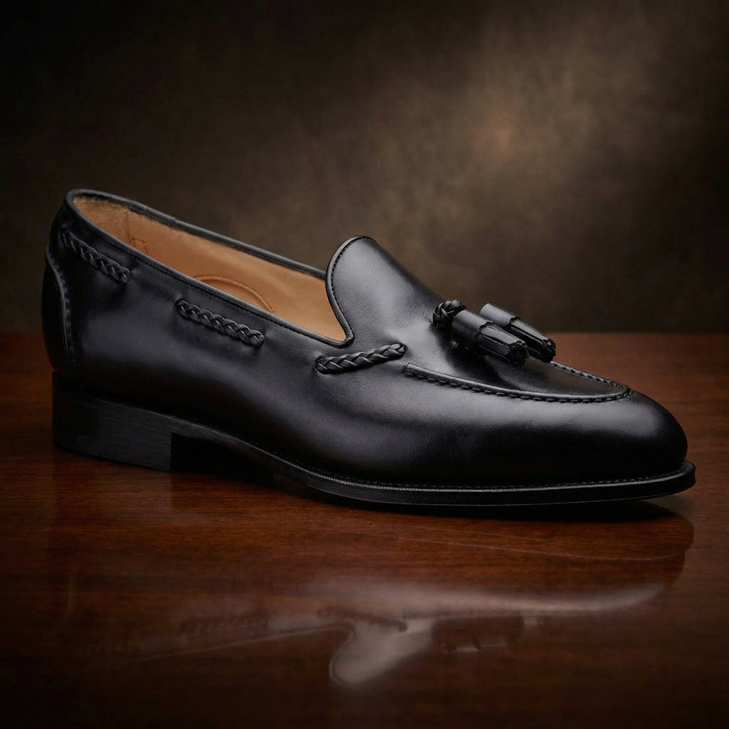 Height Increasing Black Leather Swale Tassel Loafers