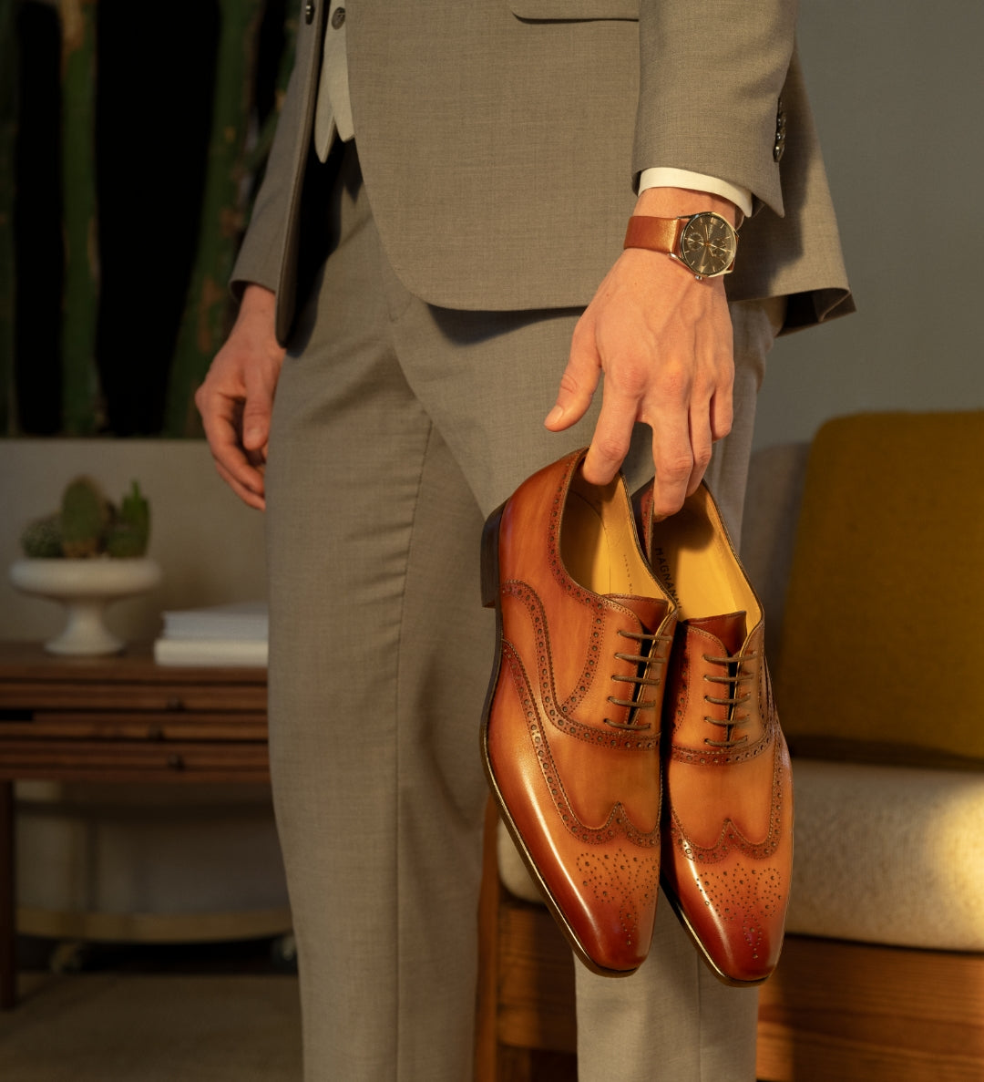 Tan Leather Simeon Lace Up Bogue Wingtip Oxfords