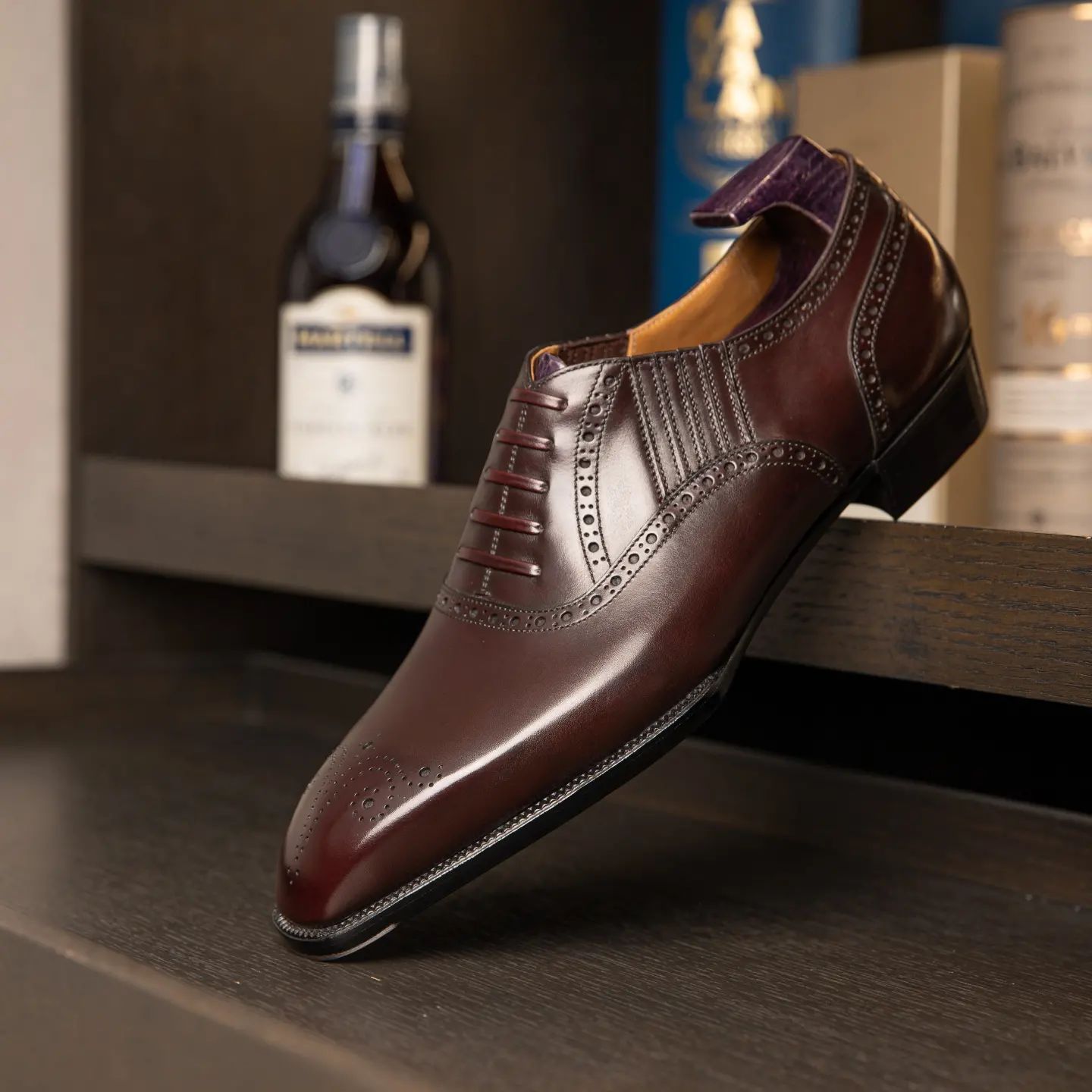 Brown Leather Cuenca Brogue Slip On Oxford Shoes