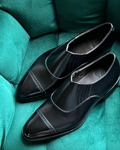 Black Leather Sorrento Slip On Brogue Toe Cap Loafers