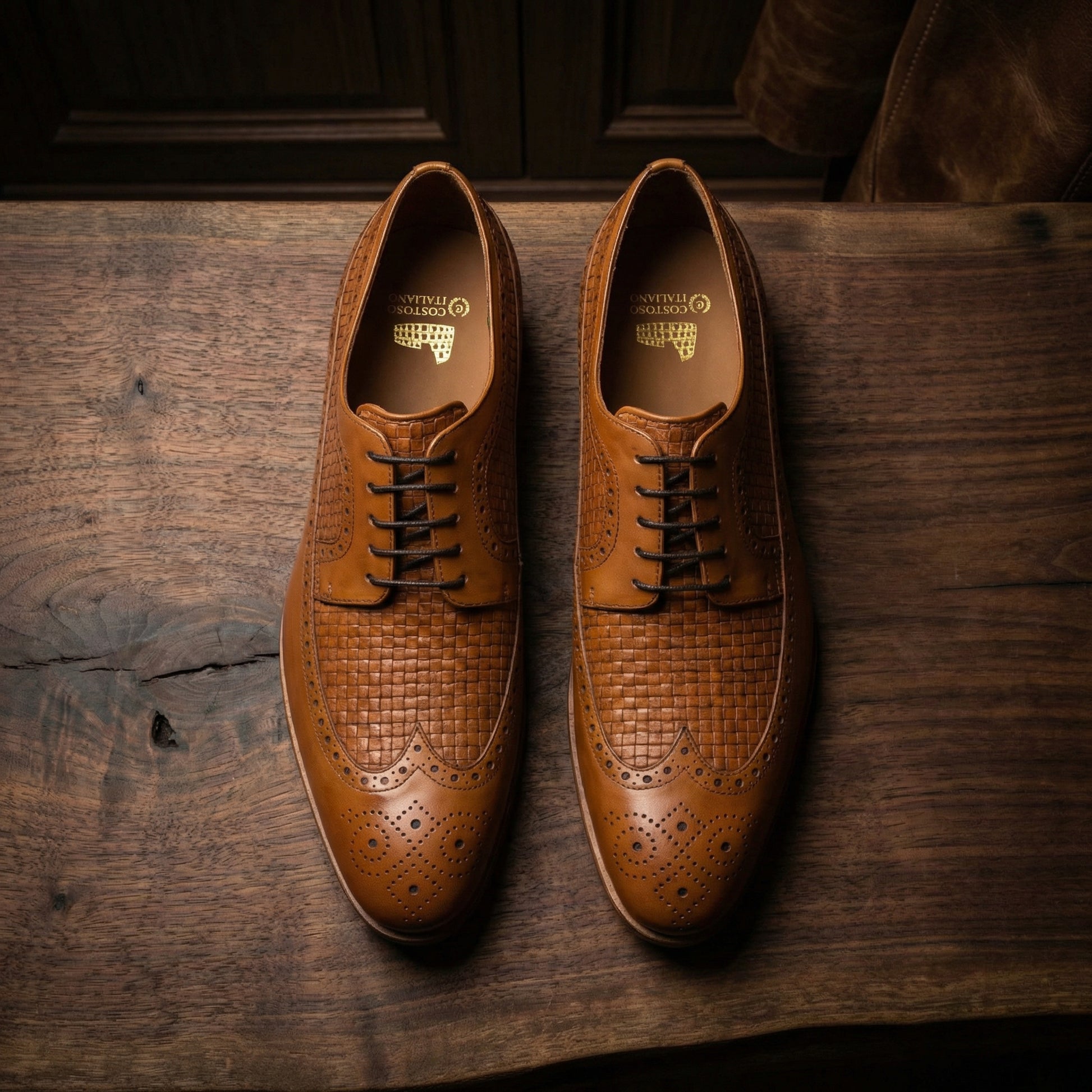 Tan Braided Leather Norwood Brogue Derby Shoes