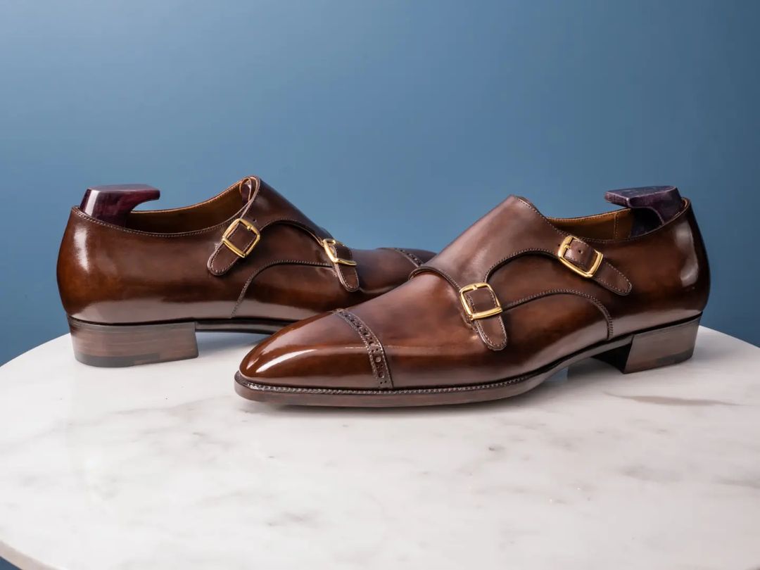 Brown Leather Novalia Brogue Toe Cap Double Monk Straps