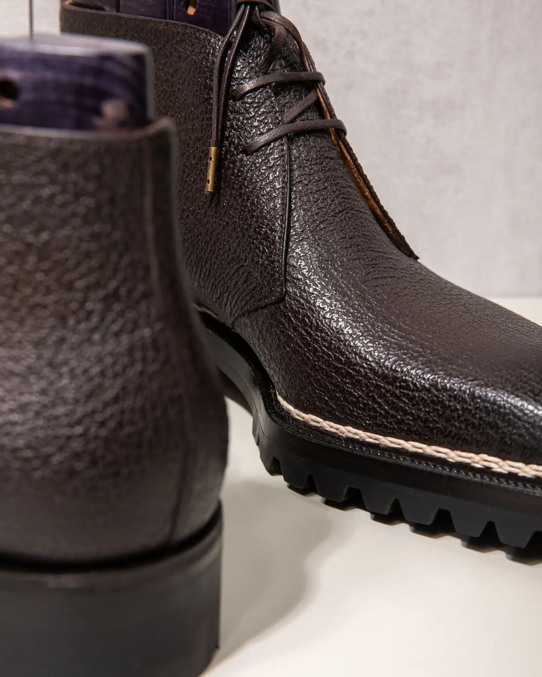 Norwegian Welted Brown Leather Pernik Chukka Chunky Boots with Track Sole