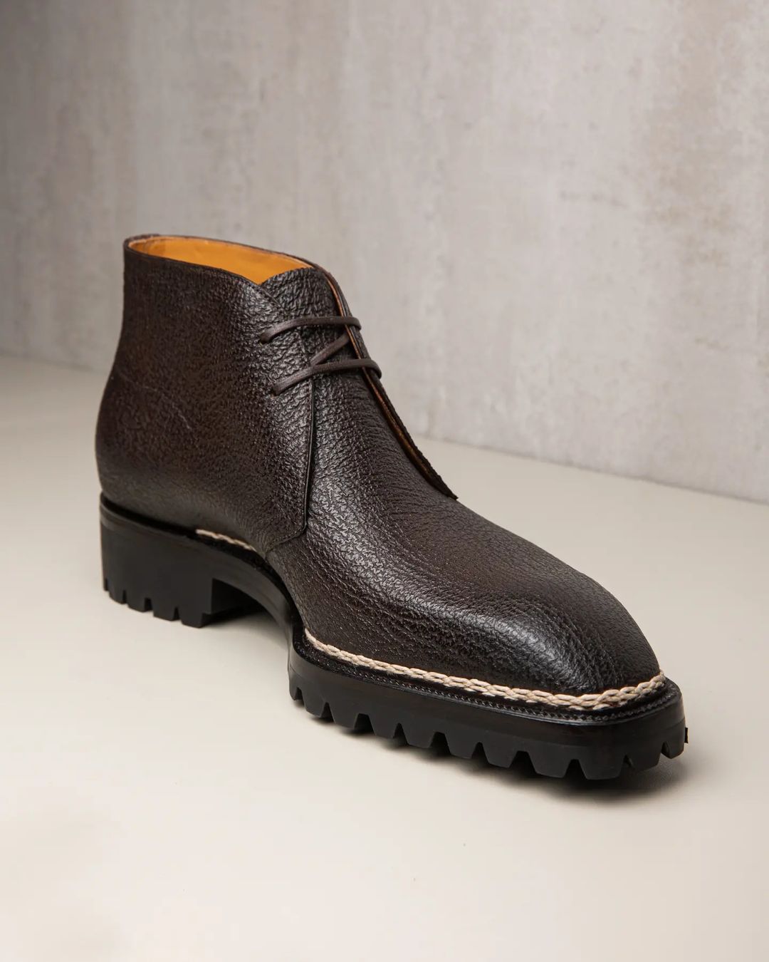 Norwegian Welted Brown Leather Pernik Chukka Chunky Boots with Track Sole
