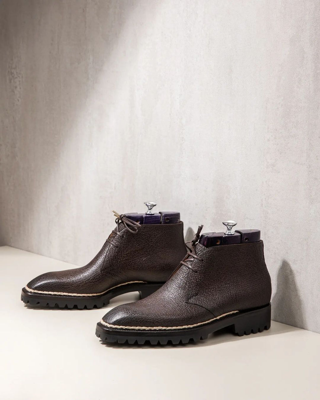 Norwegian Welted Brown Leather Pernik Chukka Chunky Boots with Track Sole