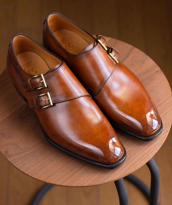 Tan Leather Granada Toe Cap Double Monk Straps - AW24