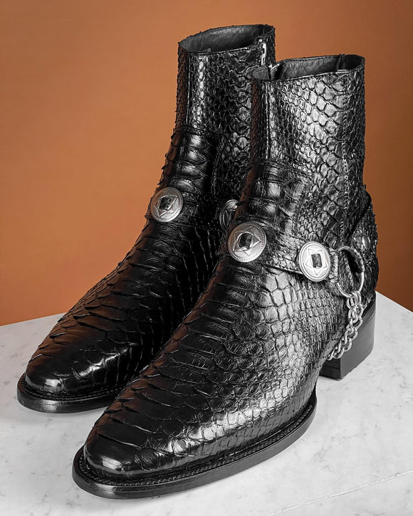 Black Crocodile Print Leather Ravien Harness Chelsea Boots