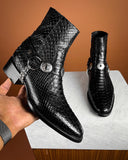 Black Crocodile Print Leather Ravien Harness Chelsea Boots