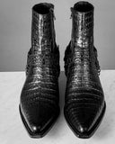 Black Crocodile/Python Print Italian Leather Wanton Slip On Harness Chelsea Boots - GOODYEAR WELTED