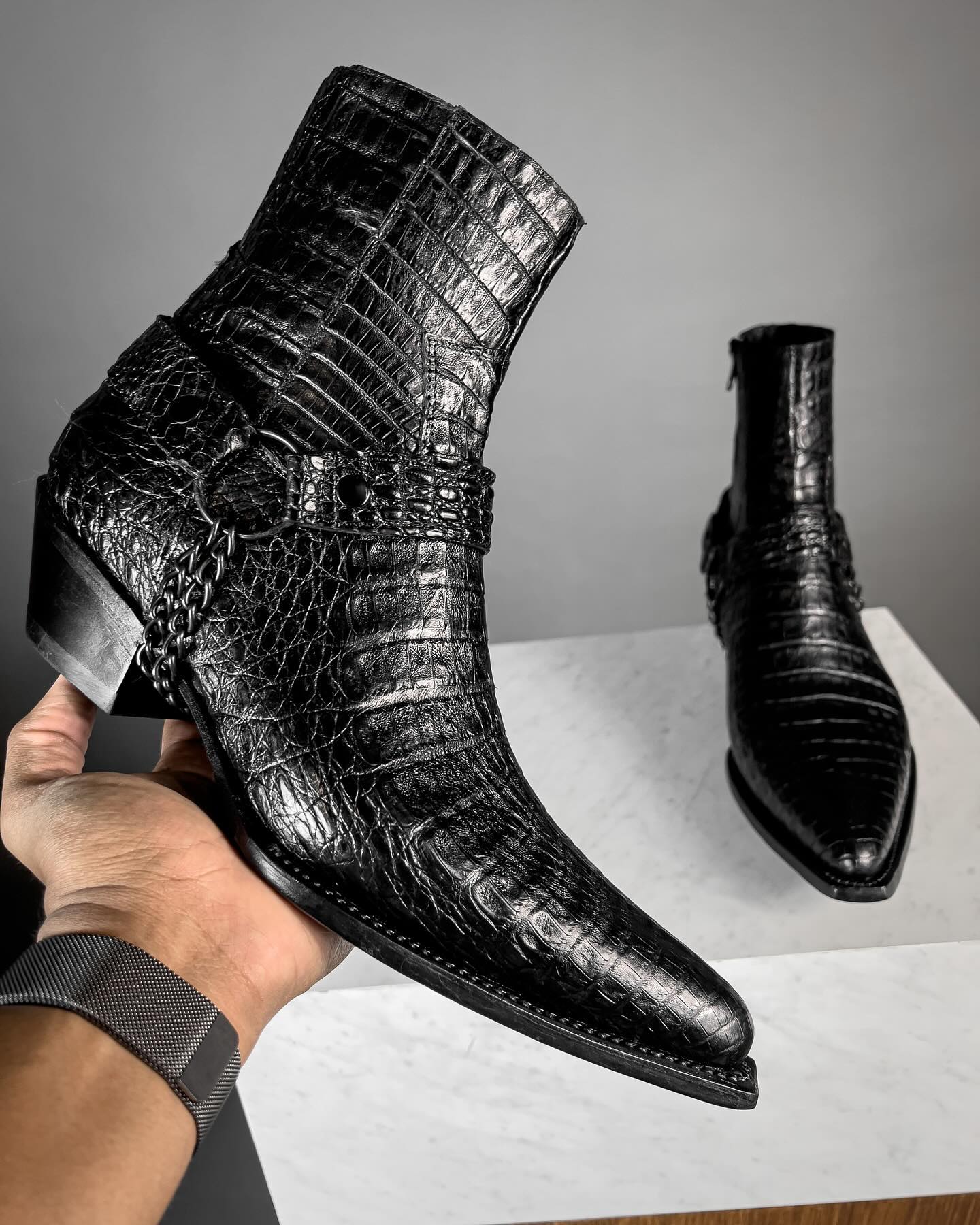 Black Crocodile/Python Print Italian Leather Wanton Slip On Harness Chelsea Boots - GOODYEAR WELTED