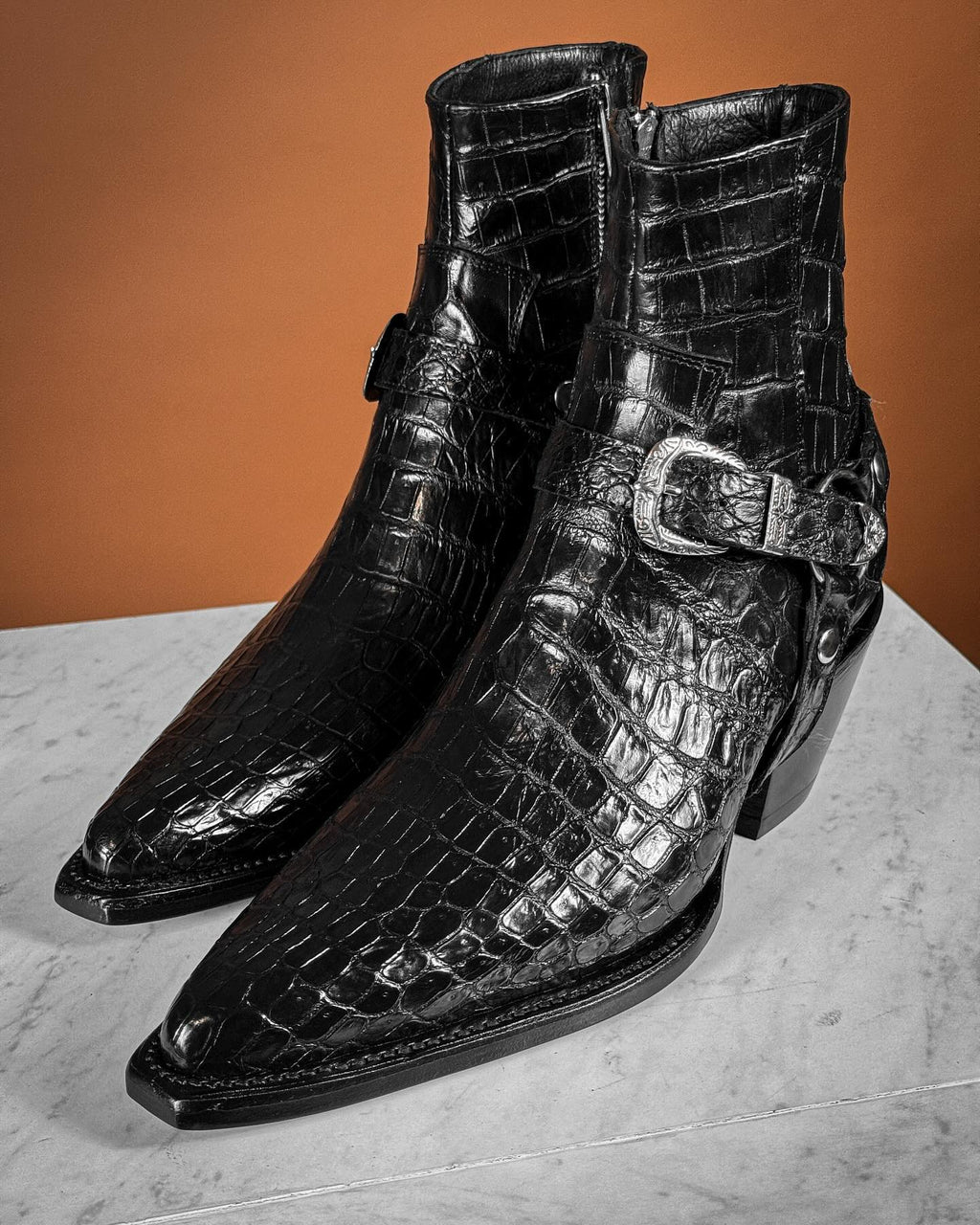 Black Crocodile/Python Print Italian Leather Wanton Slip On Harness Chelsea Boots - GOODYEAR WELTED
