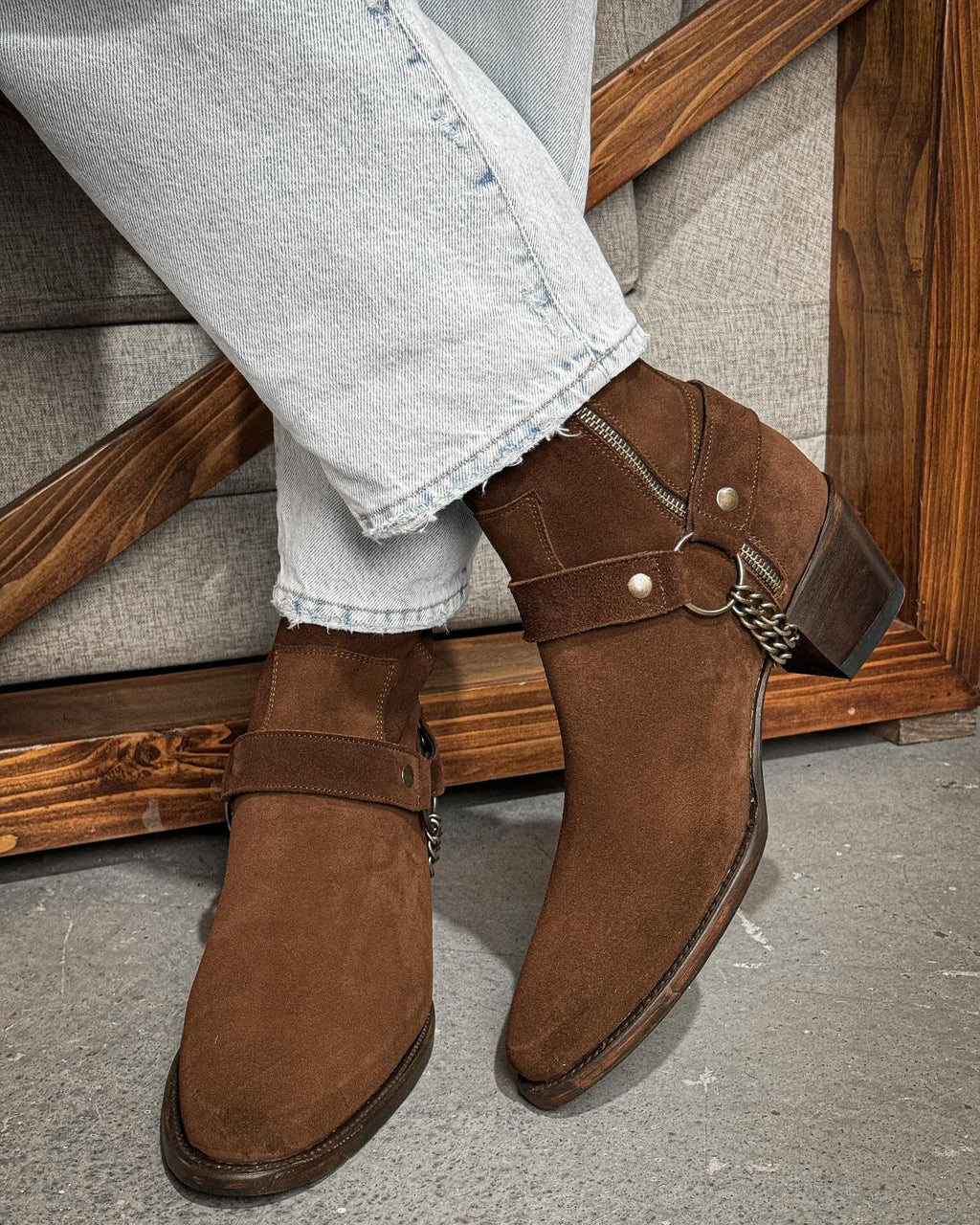 Brown  Suede Leather Ravien Harness Chelsea Boots