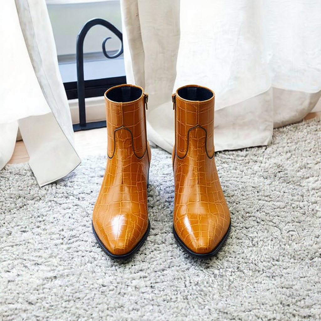Tan Croc Print Leather Fiorina Slip On Zipper Pointed Boots for Men - AW24