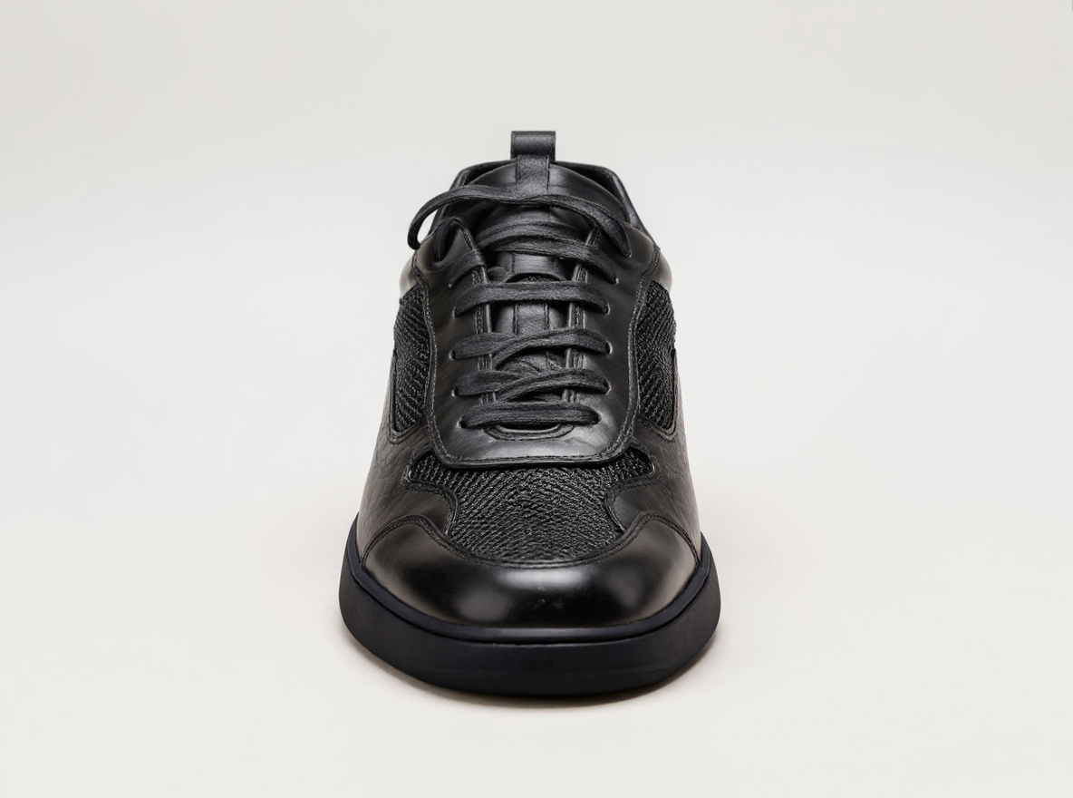 Black Leather Newsara Lace Up Running Sneaker Shoes With Black Sole - Summer 2024 Collection