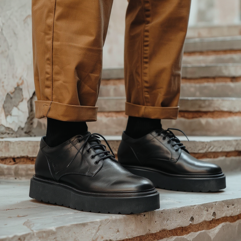 Black Leather Cangrande With Thick Sole Derby Shoe: The Royale Collection