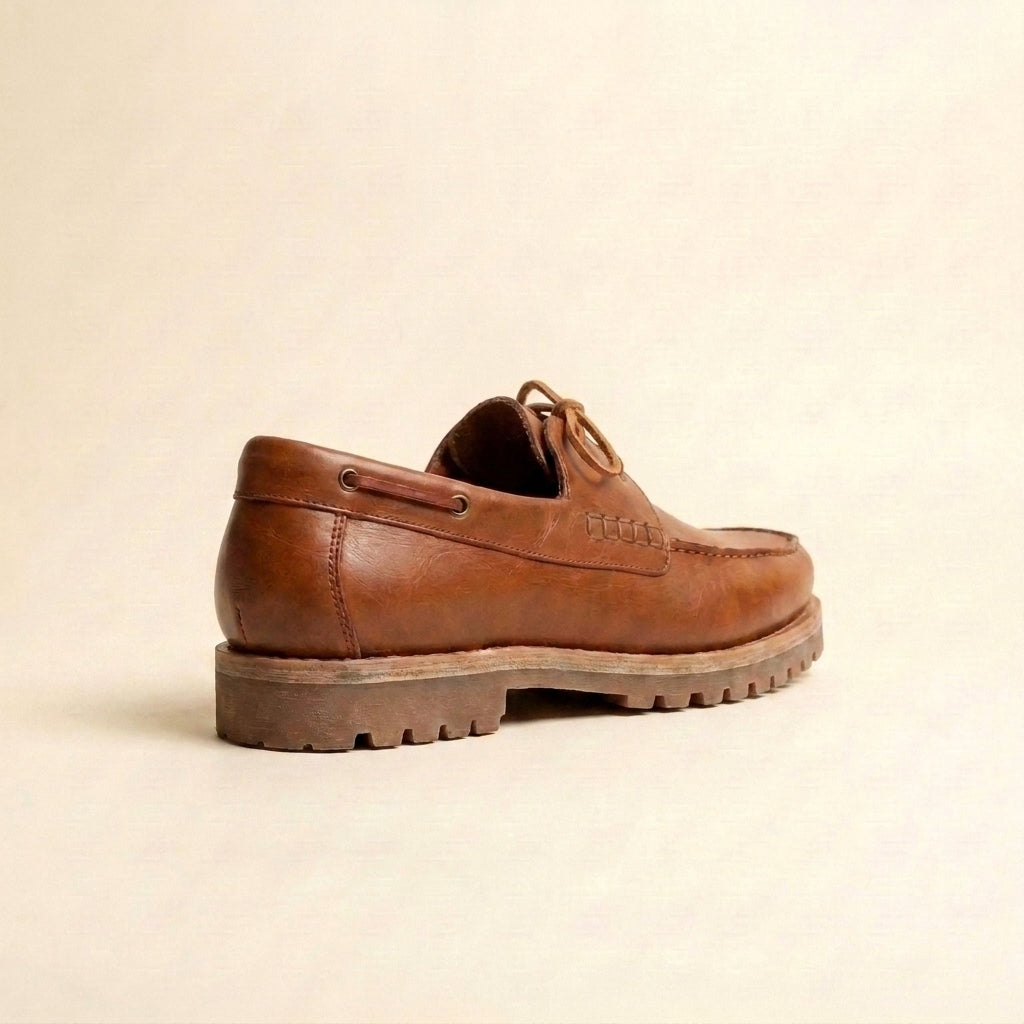 Brown Marcello boat shoe, heel three-quarter view