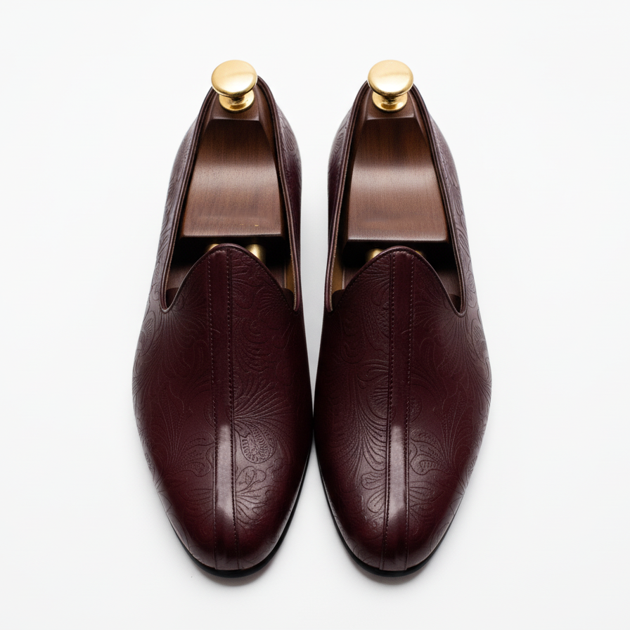Burgundy Leather Tana Peshawari Jutti Loafers | Wedding Shoes for Groom | Shoes for Haldi Mehendi Sangeet