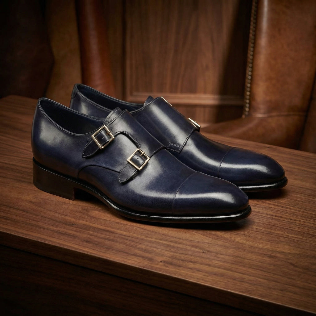 Height Increasing Navy Blue Leather Castle Monk Straps