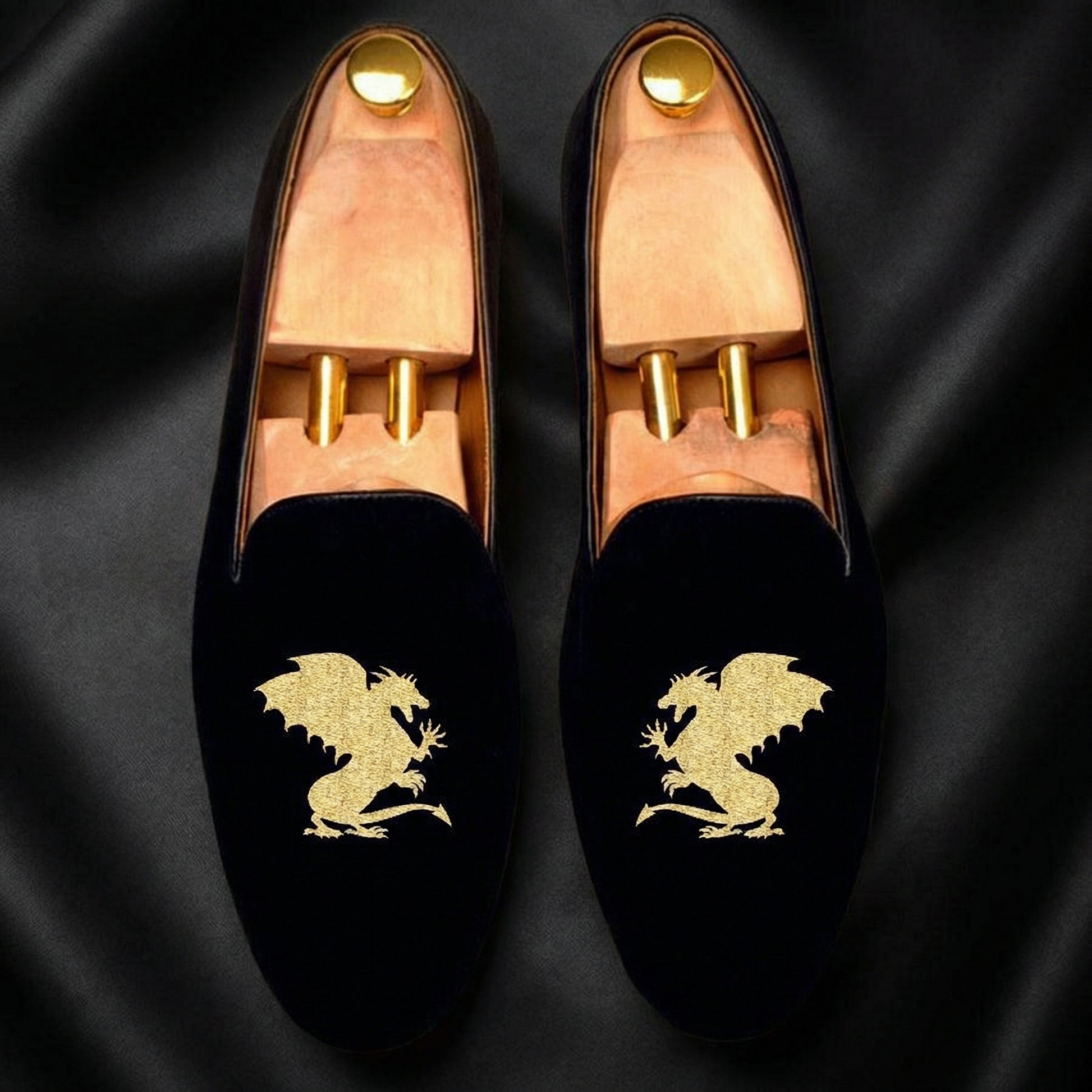 Blue Velvet Dragons Embroidered Loafers