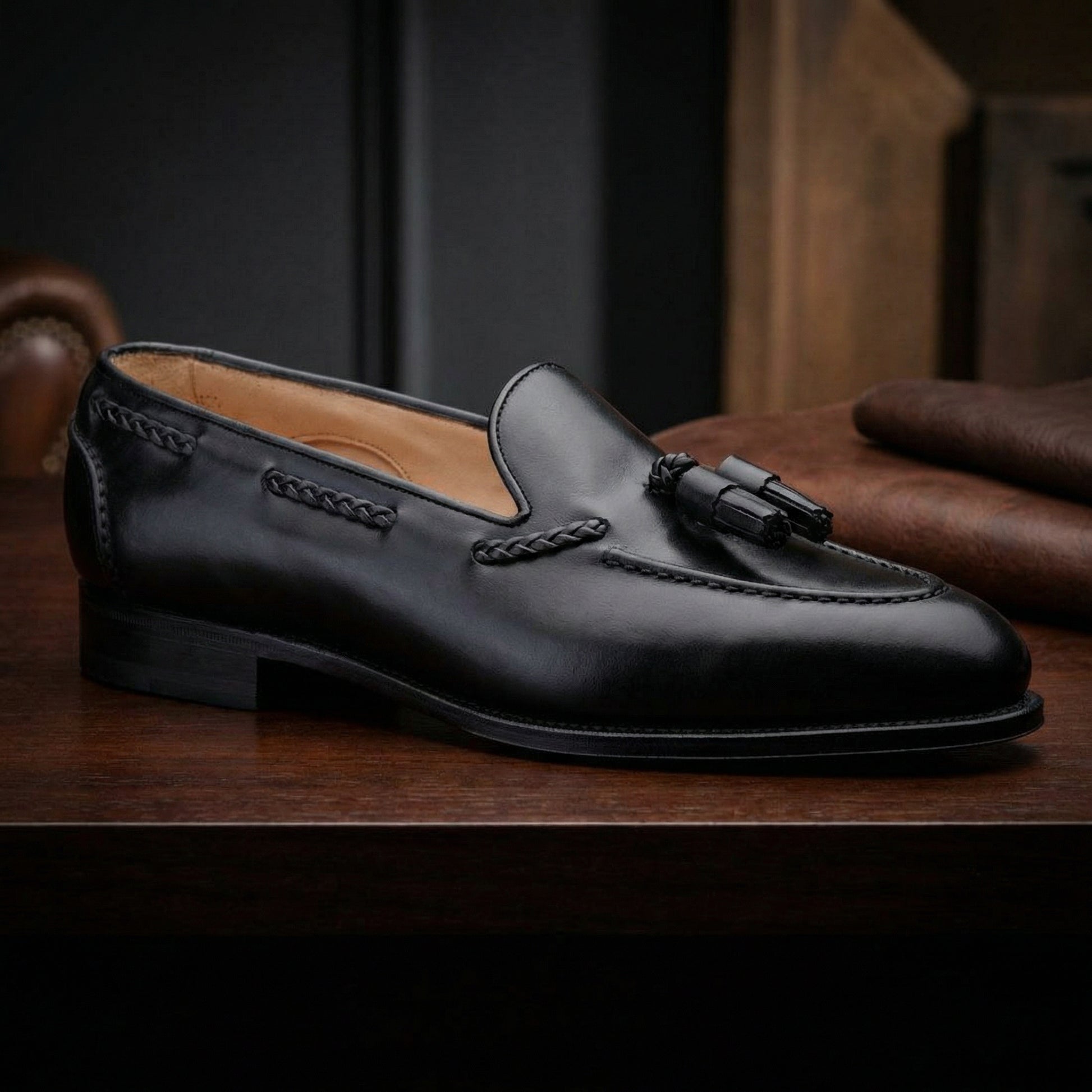 Black Leather Swale Tassel Loafers - Formal Shoes