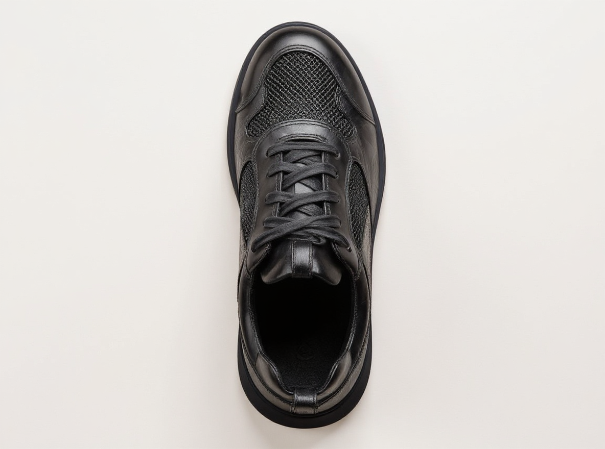 Black Leather Newsara Lace Up Running Sneaker Shoes With Black Sole - Summer 2024 Collection
