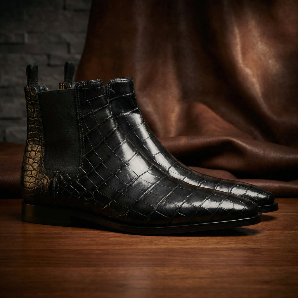 Black Alligator Textured Leather Evington Chelsea Slip On Boots