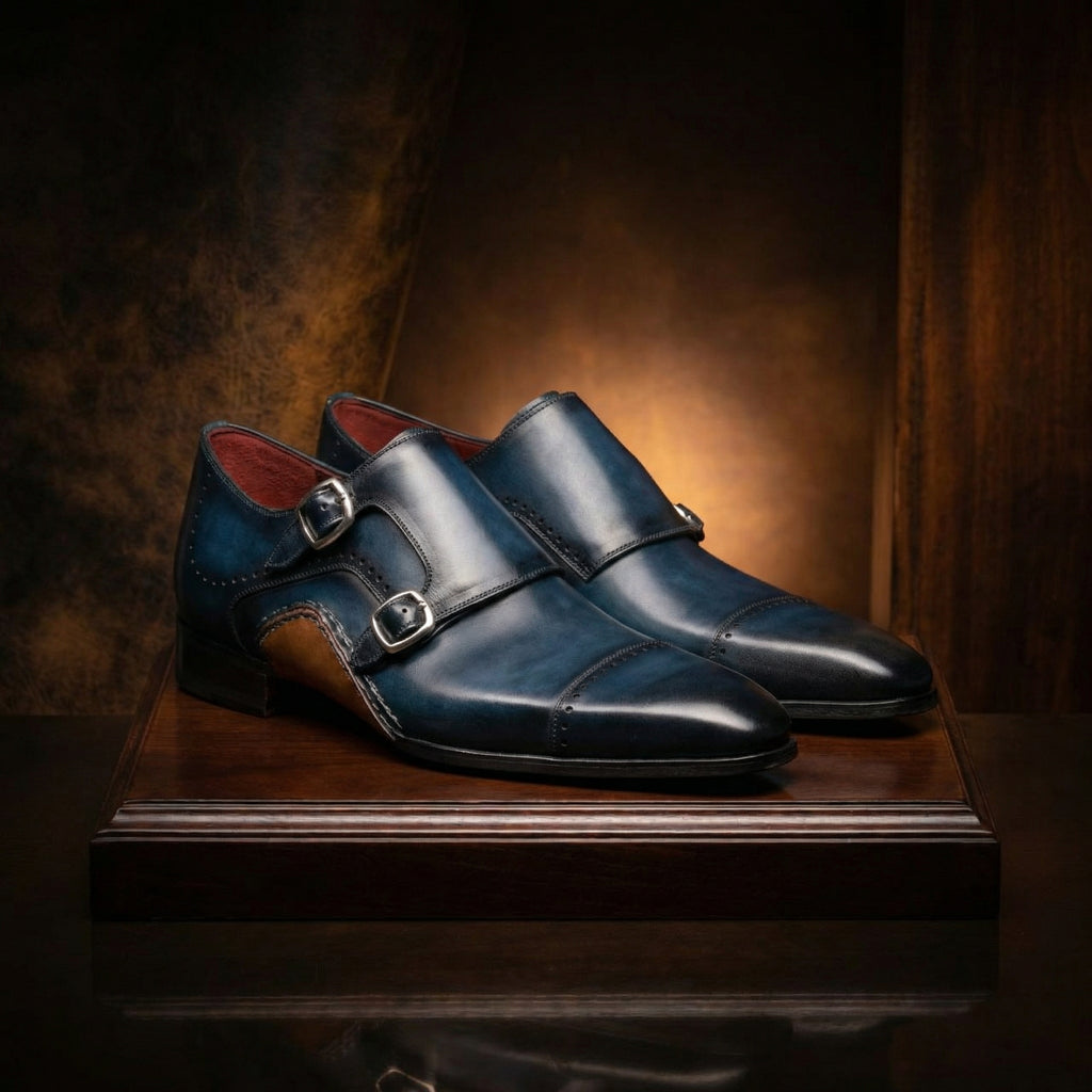 Height Increasing Navy Blue Leather Victoria Monk Strap Shoes
