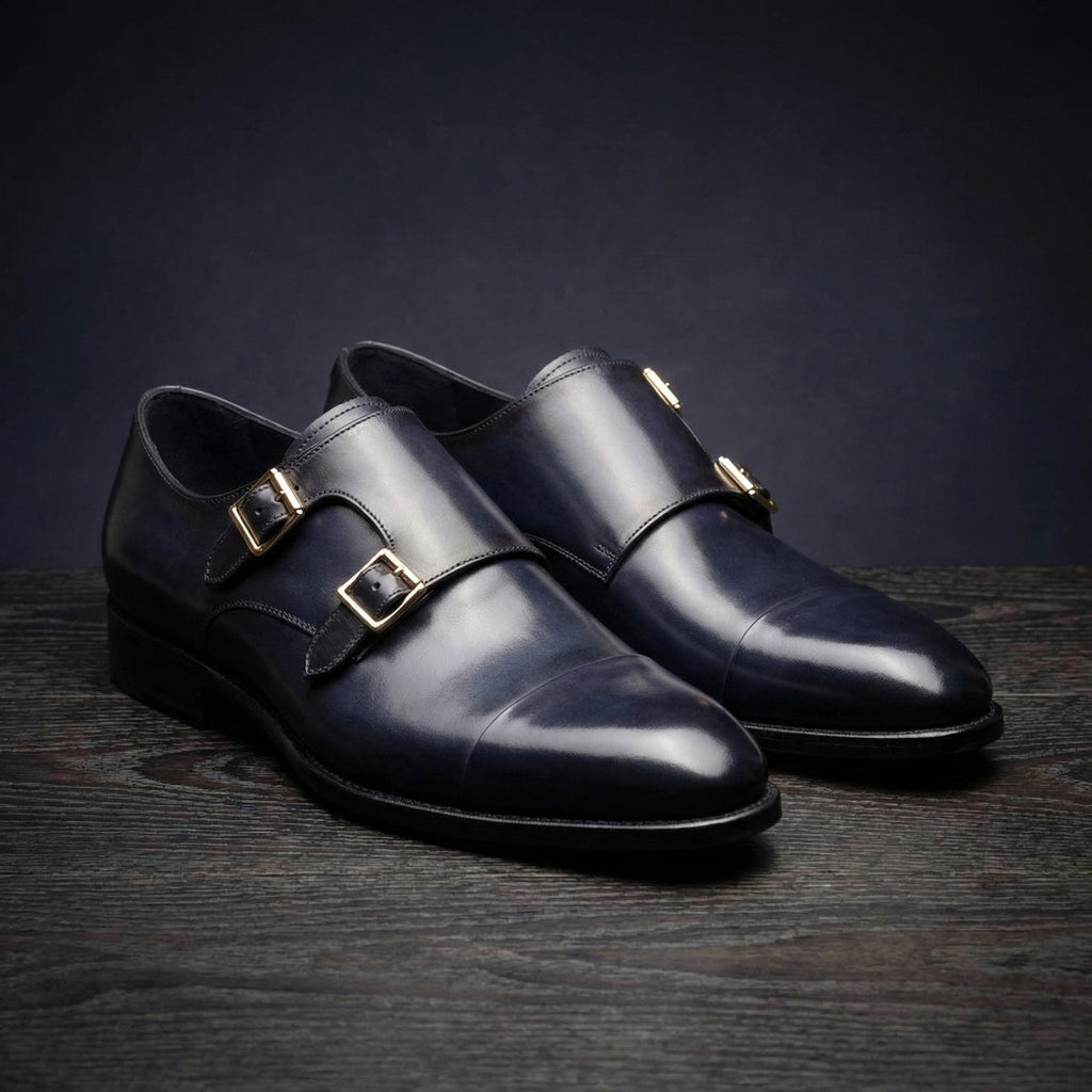 Height Increasing Navy Blue Leather Castle Monk Straps