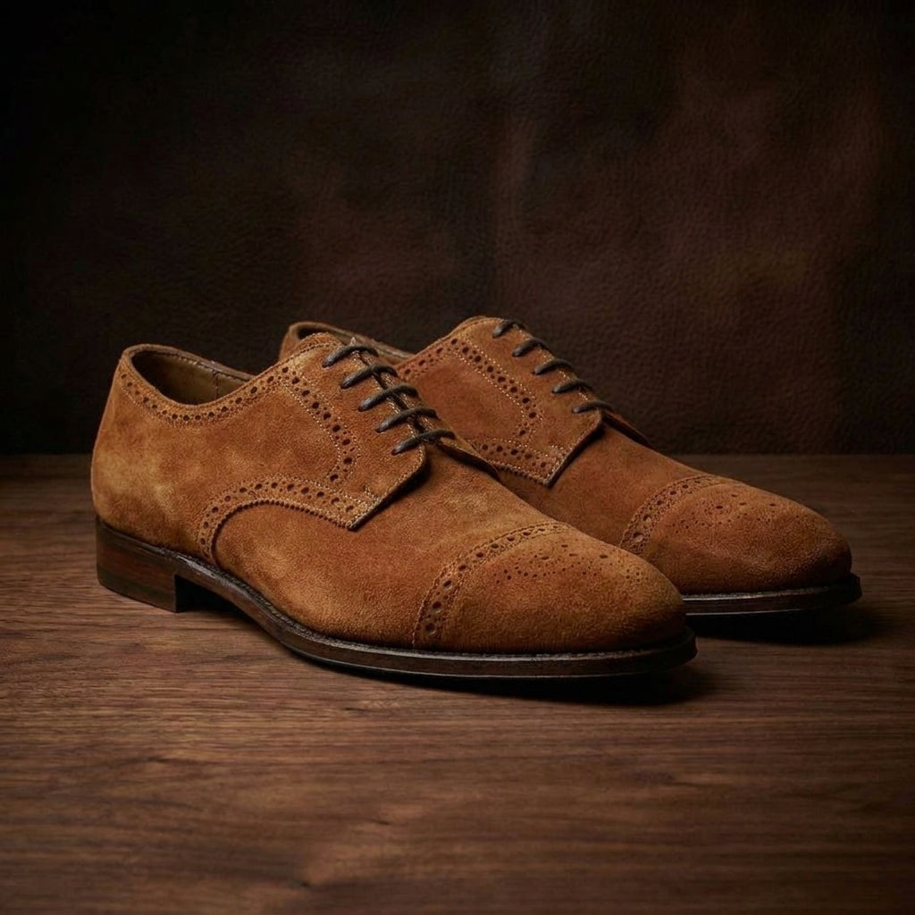 Height Increasing Tan Suede Friars Brogue Derby Shoes