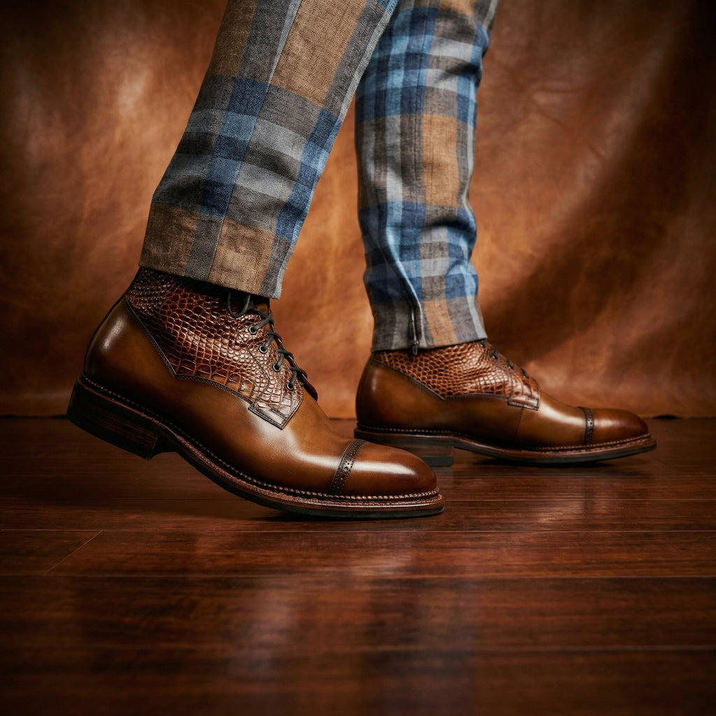 Tan Alligator Textured Leather Furzton Lace Up Boots