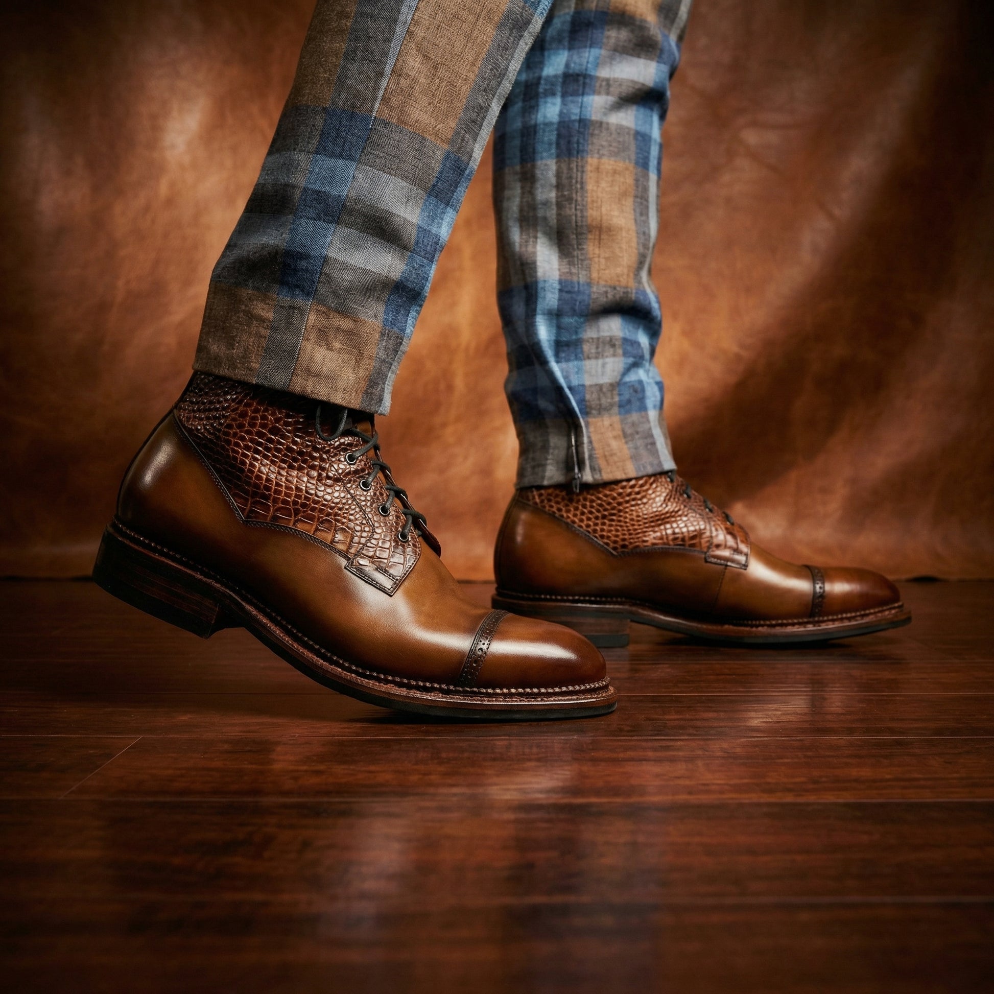 Tan Alligator Textured Leather Furzton Lace Up Boots