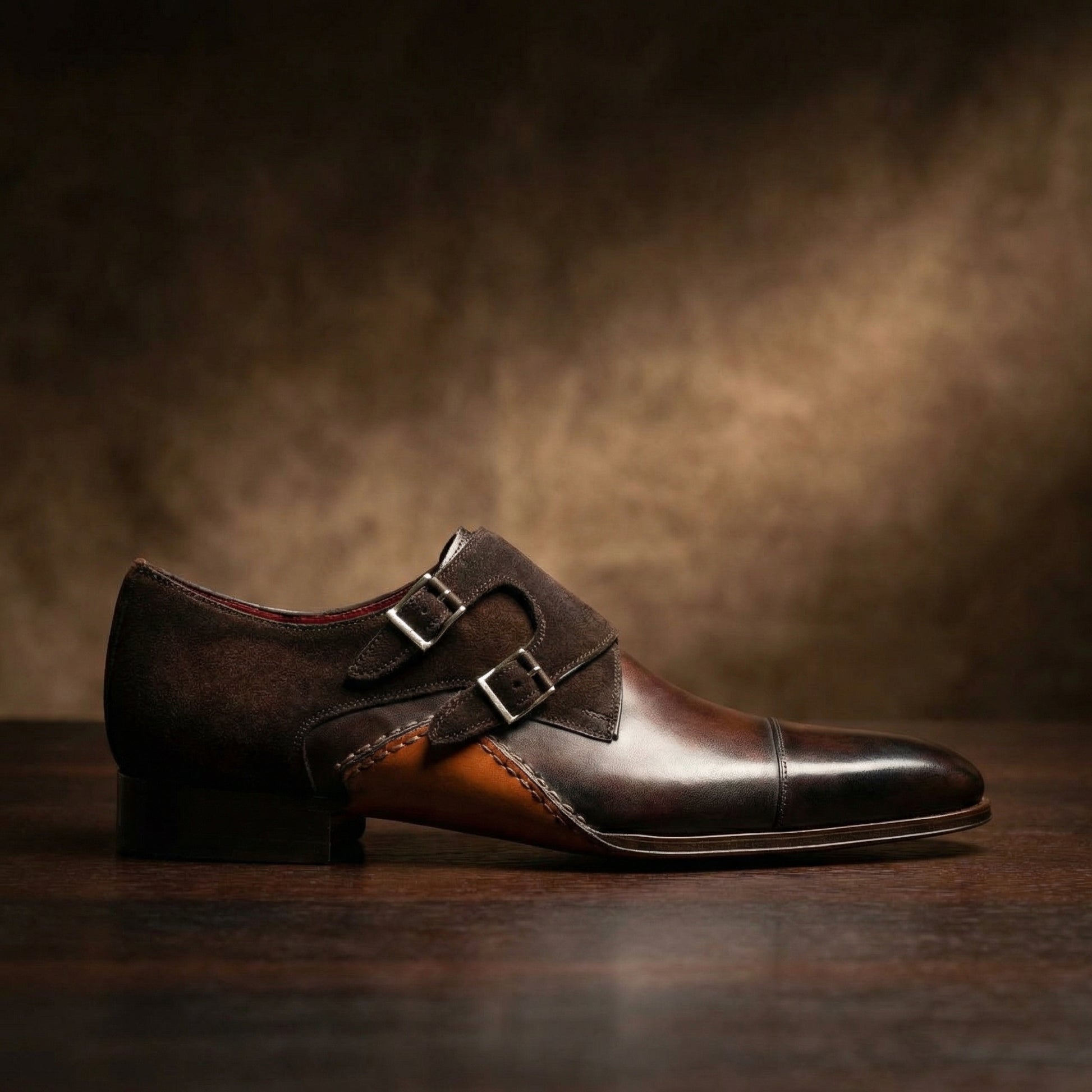 Height Increasing Brown Leather & Sude Bourke Monk Straps Shoes
