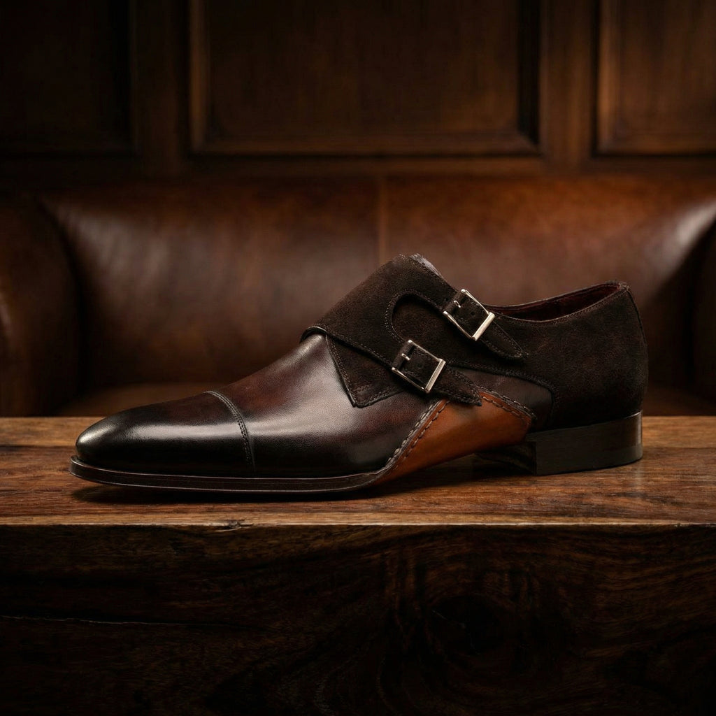 Brown Leather & Suede Bourke Monk Straps Shoes