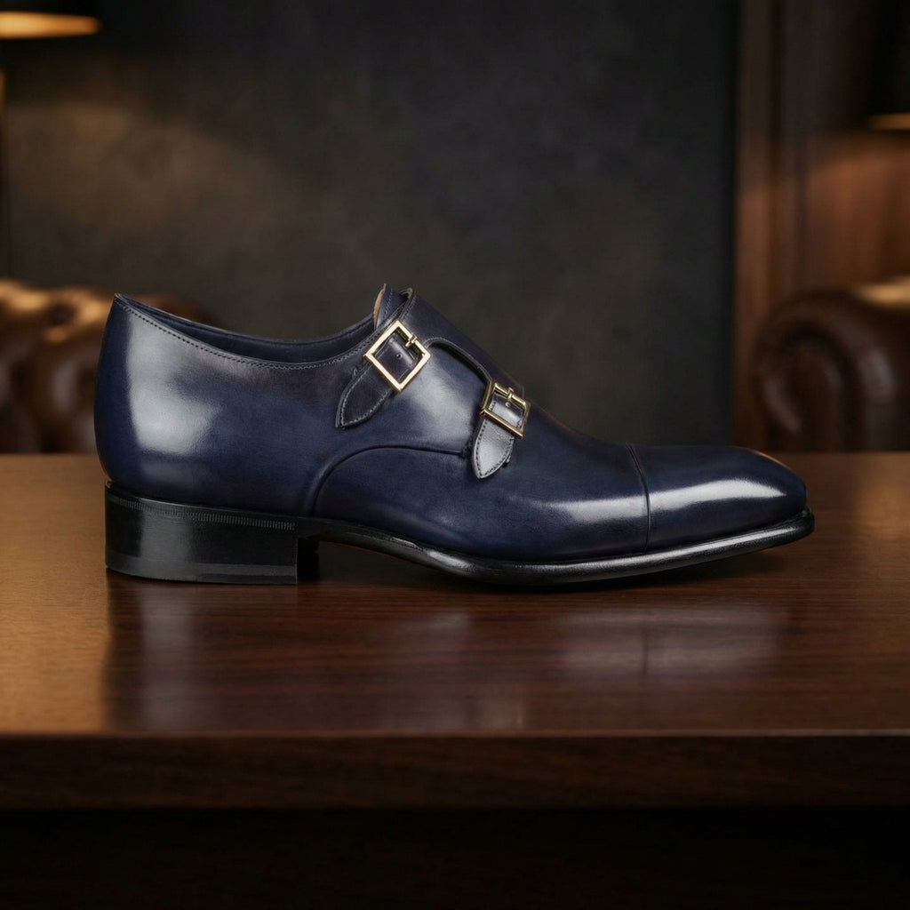 Height Increasing Navy Blue Leather Castle Monk Straps