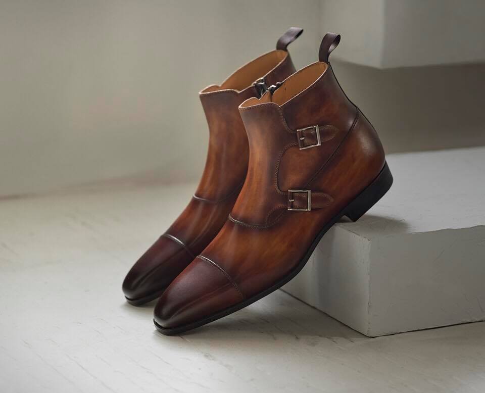 Tan Leather Eleazar Zipper Monk Strap Boots
