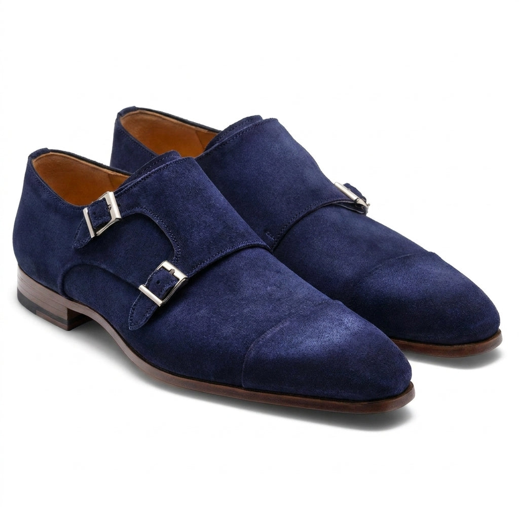 Blue Suede Gariton Monk Strap Shoes