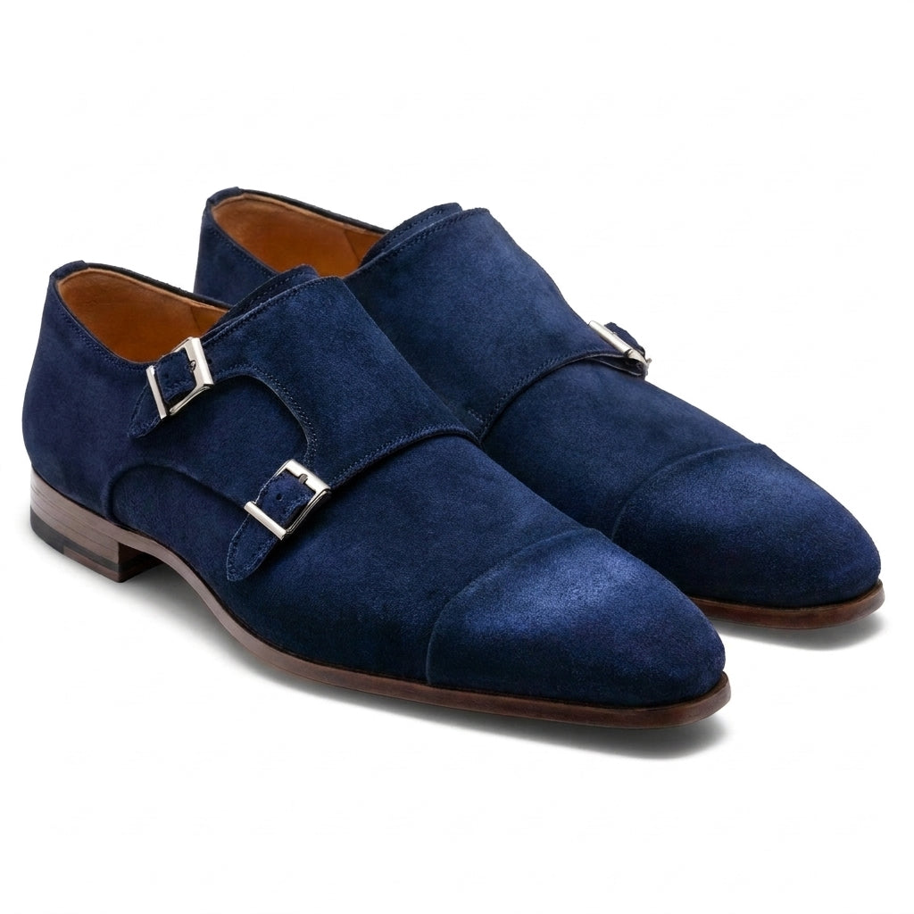Blue Suede Gariton Monk Strap Shoes