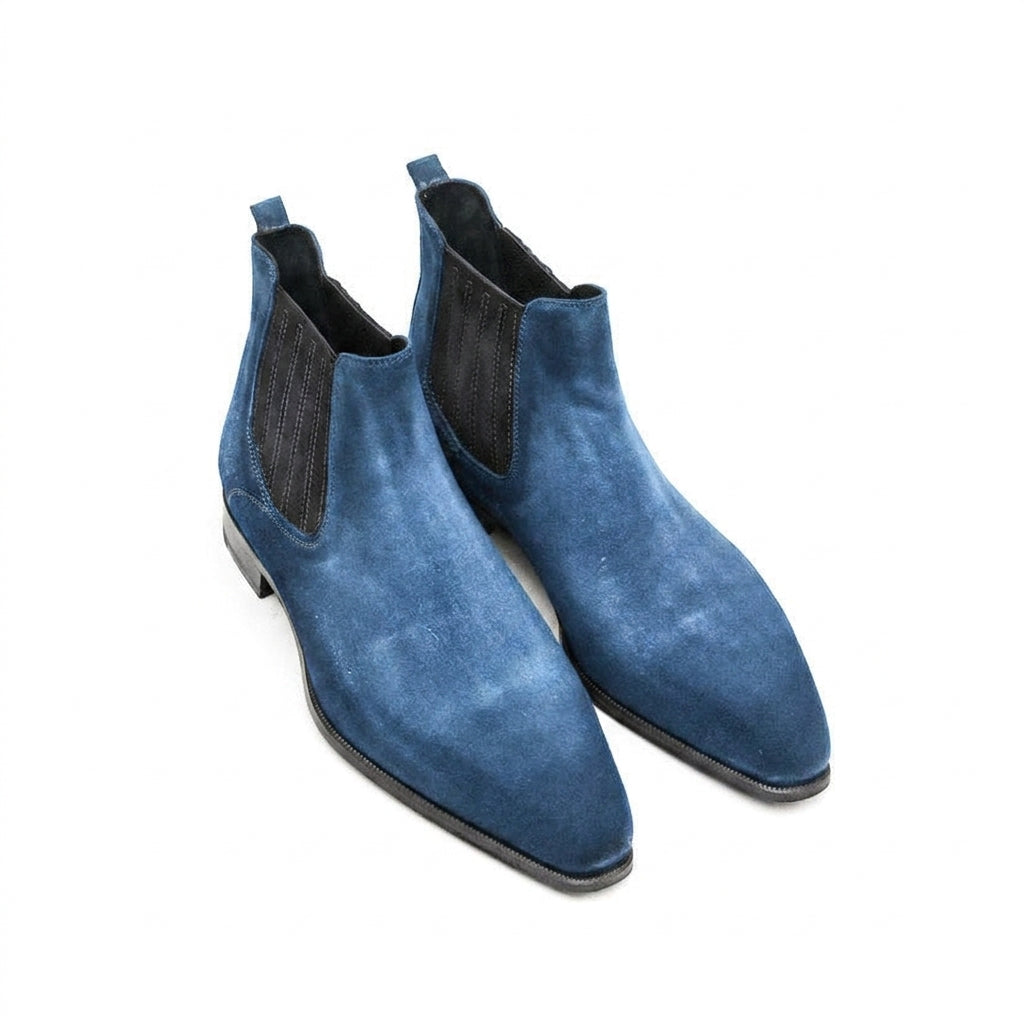 Goodyear Welted Cadaval Denim Blue Suede Chelsea Boot with Violin Leather Sole