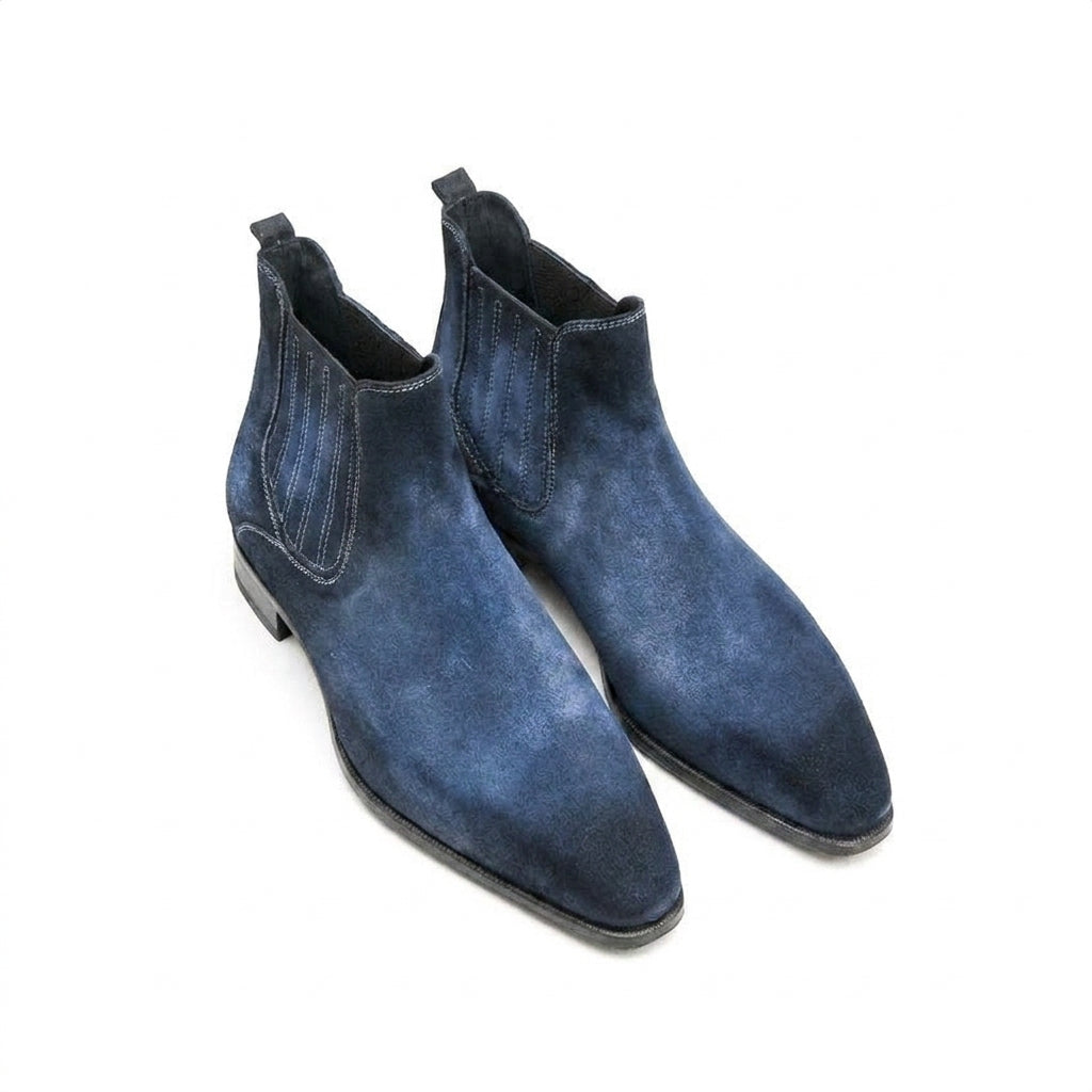 Goodyear Welted Cadaval Denim Blue Suede Chelsea Boot with Violin Leather Sole