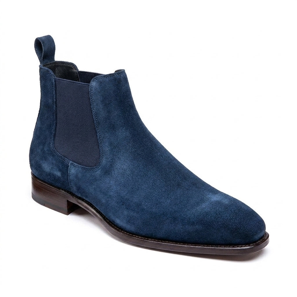 Goodyear Welted Cadaval Denim Blue Suede Chelsea Boot with Violin Leather Sole