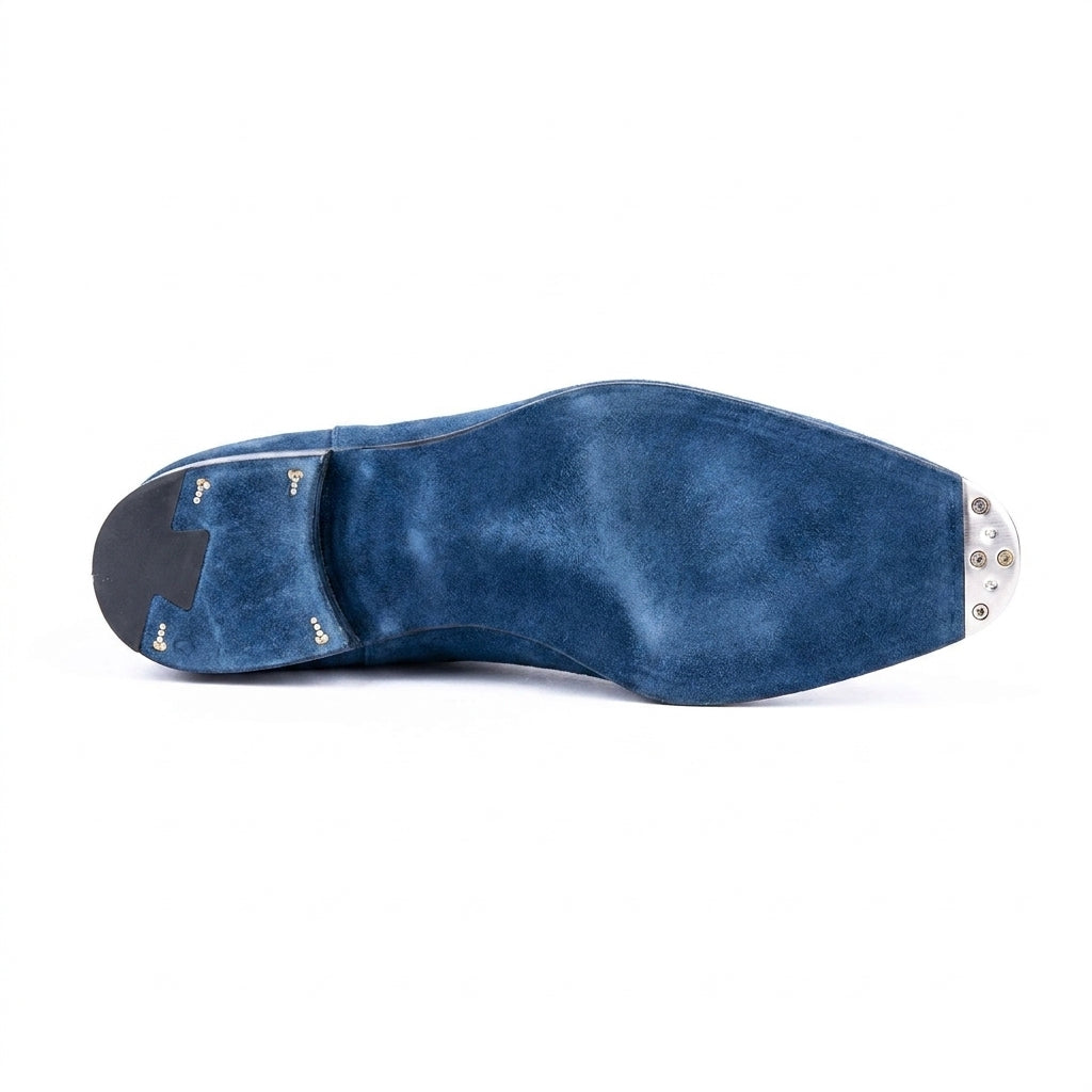 Goodyear Welted Cadaval Bright Blue Suede Chelsea Boot with Violin Leather Sole