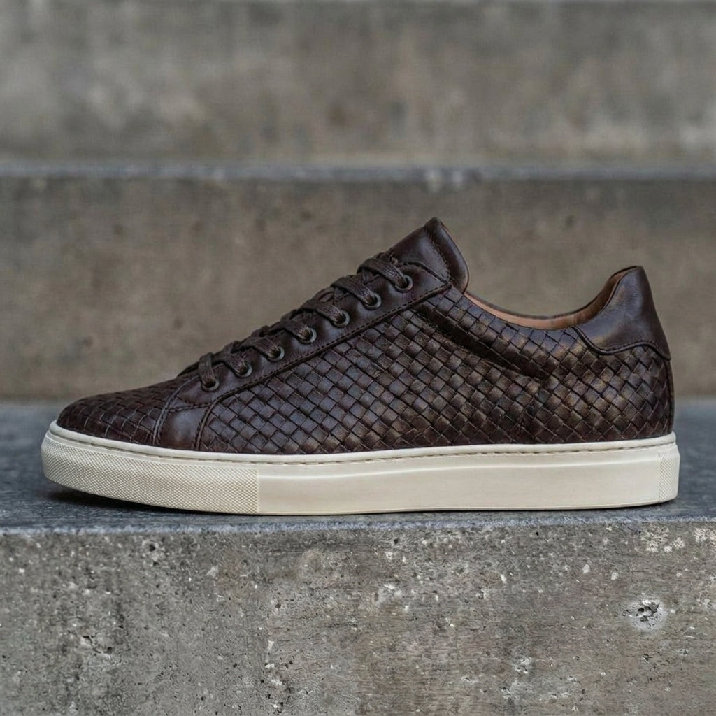 Brown Braided Leather Cornella Lace Up Sneakers