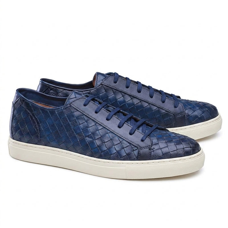 Navy Blue Braided Leather Cornella Lace Up Sneakers