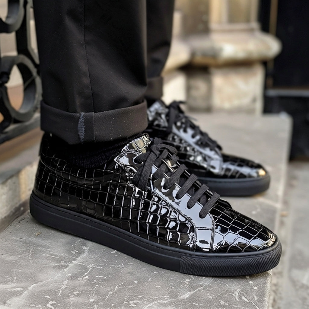 Black Croc Print Leather Modesto Lace Up Sneakers