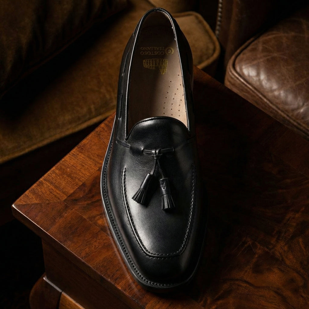 Height Increasing Black Leather Stanley Tassel Loafers