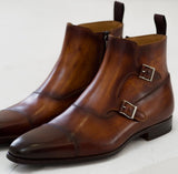 Tan Leather Eleazar Zipper Monk Strap Boots