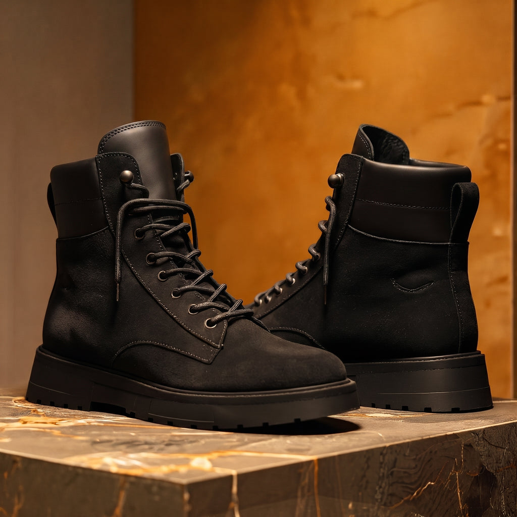 Extra Wide Shoes (2E,4E,6E) Black Suede Leather Elvio Combat Boot