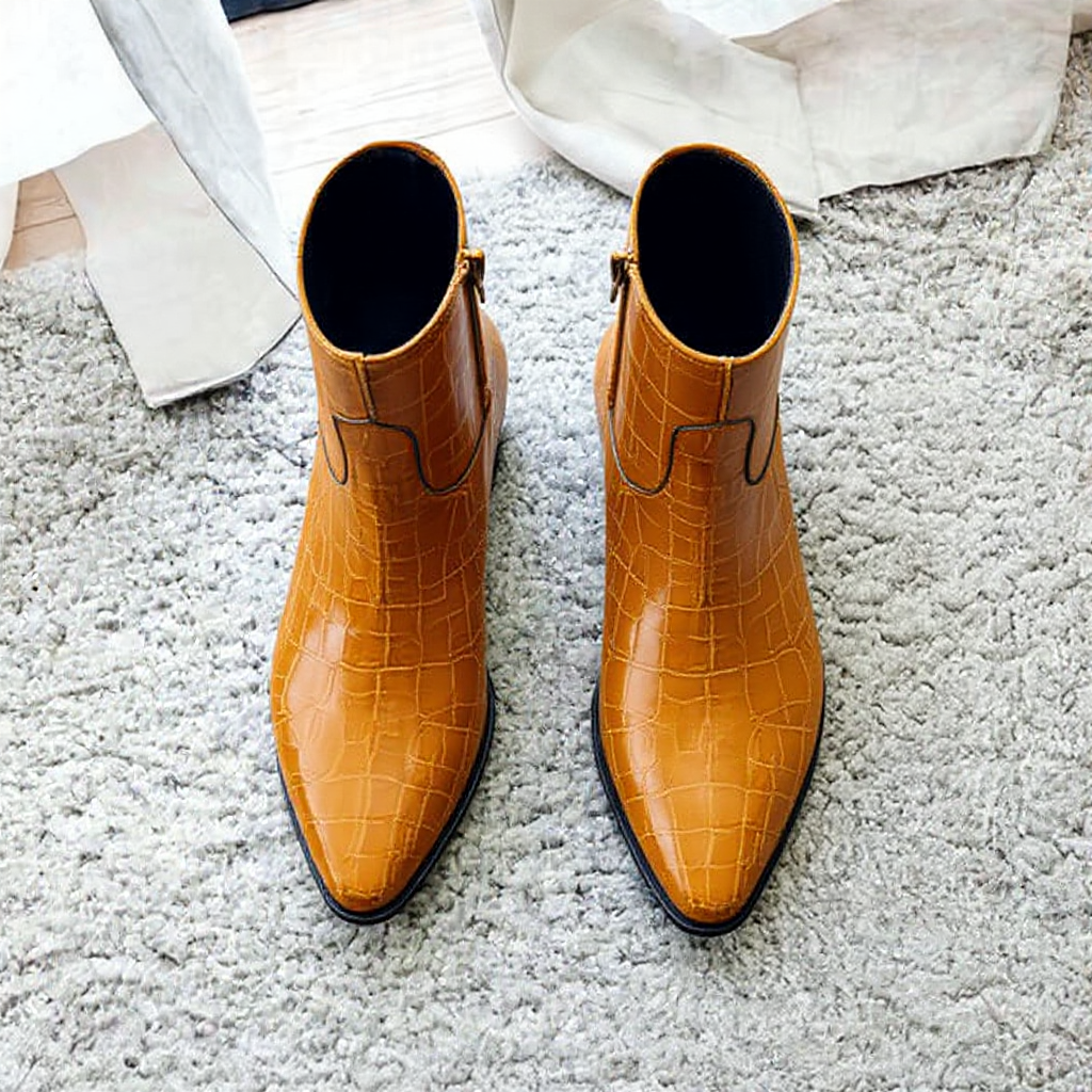 Tan Croc Print Leather Fiorina Slip On Zipper Pointed Boots for Men - AW24