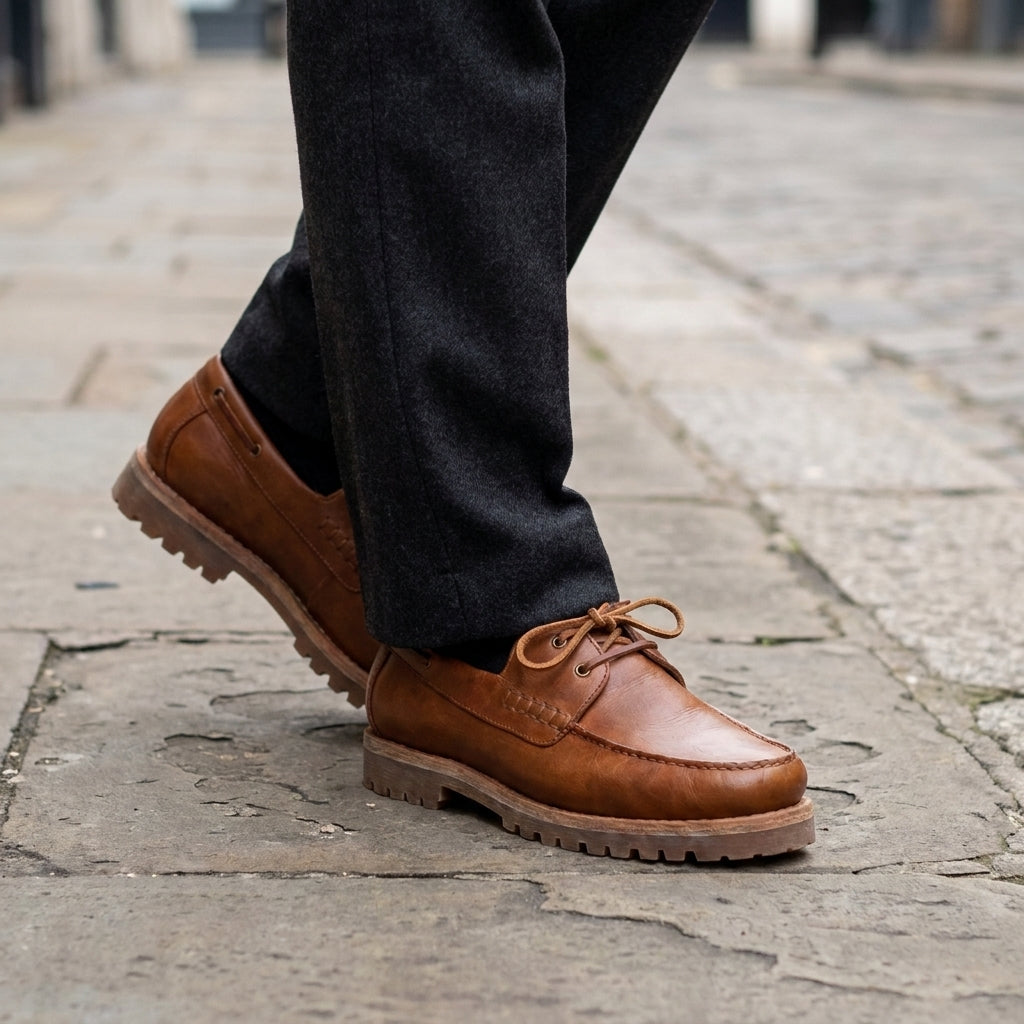 Brown Marcello boat shoes worn on a city street